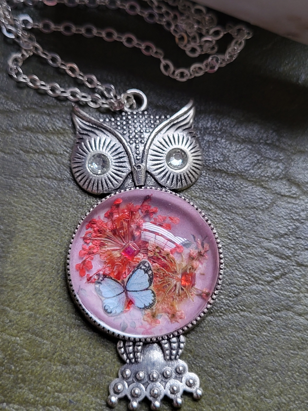 Silver Owl Pendant Necklace with Pink Floral & Blue Butterfly Accent
